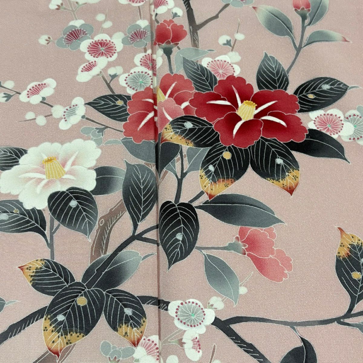 【美品】訪問服 身長160.5cm 袖長67.5cm L 雙層 落款あり 椿 枝梅花 漸層 粉色 純蠶絲 秀品級