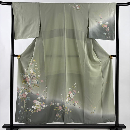 訪問服 身長155cm 袖長64.5cm M 雙層 落款 花籠 草花紋 染分 逐漸淡化 淺綠 純蠶絲 優品級