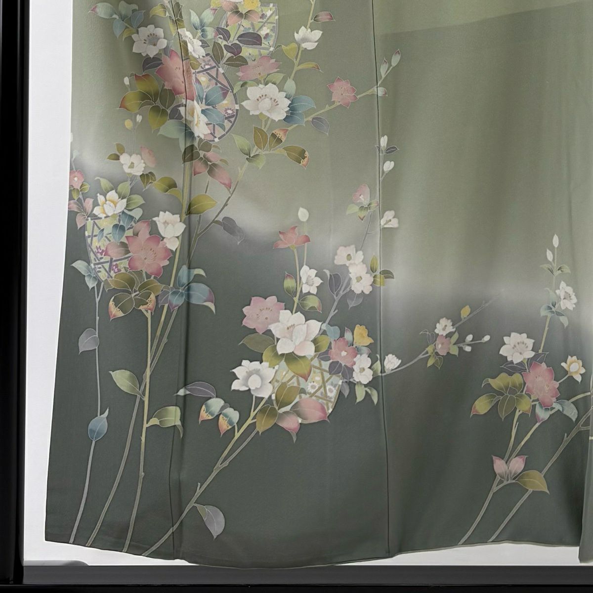 訪問服 身長155cm 袖長64.5cm M 雙層 落款 花籠 草花紋 染分 逐漸淡化 淺綠 純蠶絲 優品級