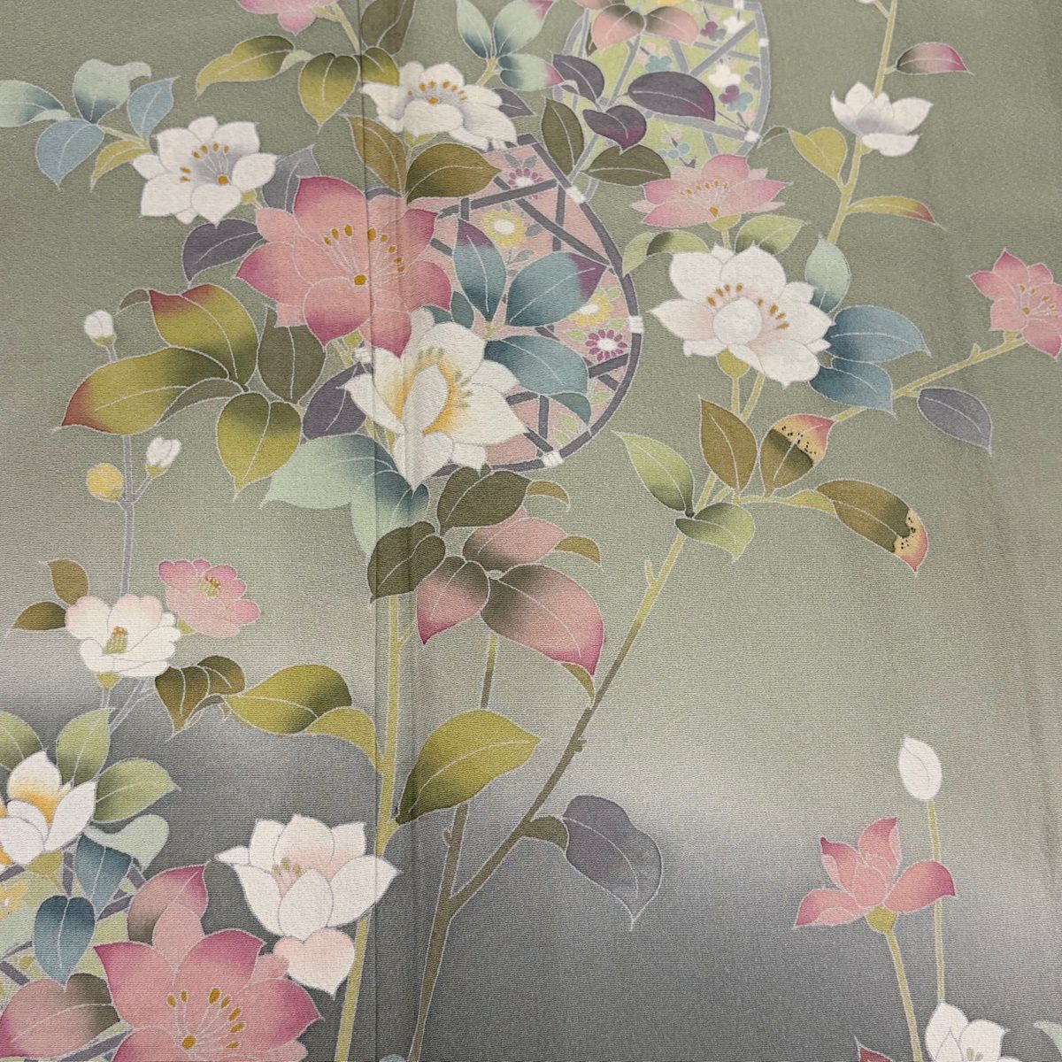 訪問服 身長155cm 袖長64.5cm M 雙層 落款 花籠 草花紋 染分 逐漸淡化 淺綠 純蠶絲 優品級