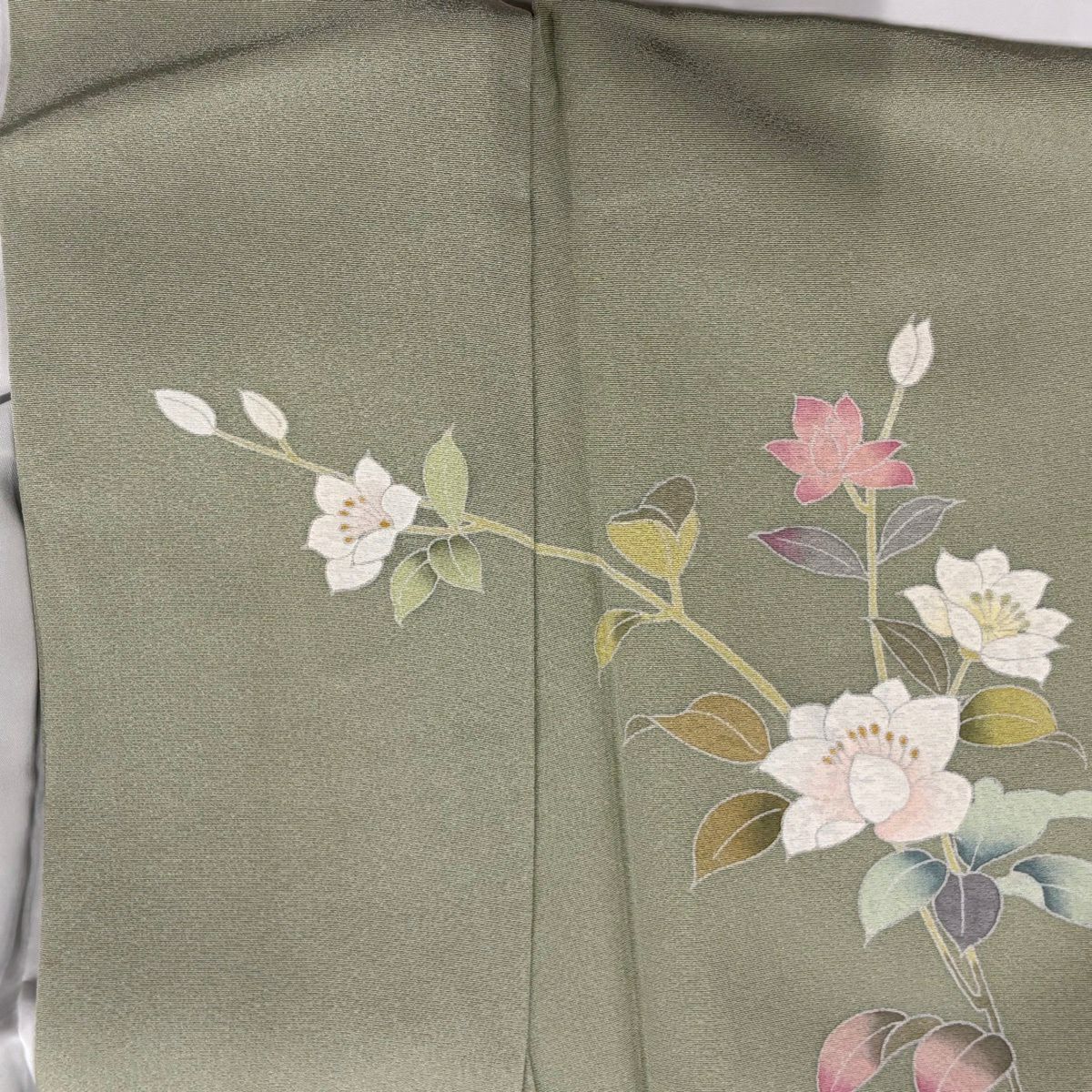 訪問服 身長155cm 袖長64.5cm M 雙層 落款 花籠 草花紋 染分 逐漸淡化 淺綠 純蠶絲 優品級