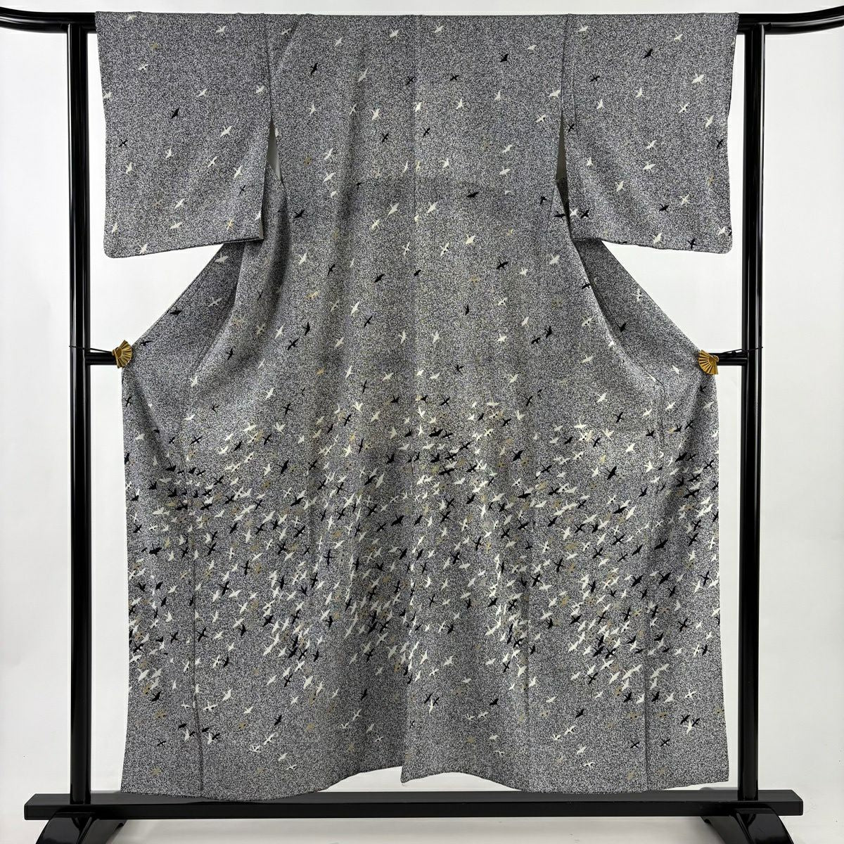 【美品】 付下 身長154.5cm 袖長61.5cm S 雙層 仙鶴 幾何圖案 金銀彩 黑灰 純蠶絲 優品級