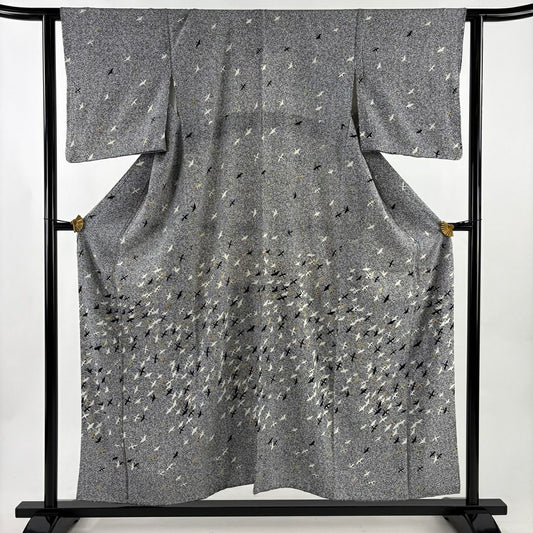 【美品】 付下 身長154.5cm 袖長61.5cm S 雙層 仙鶴 幾何圖案 金銀彩 黑灰 純蠶絲 優品級