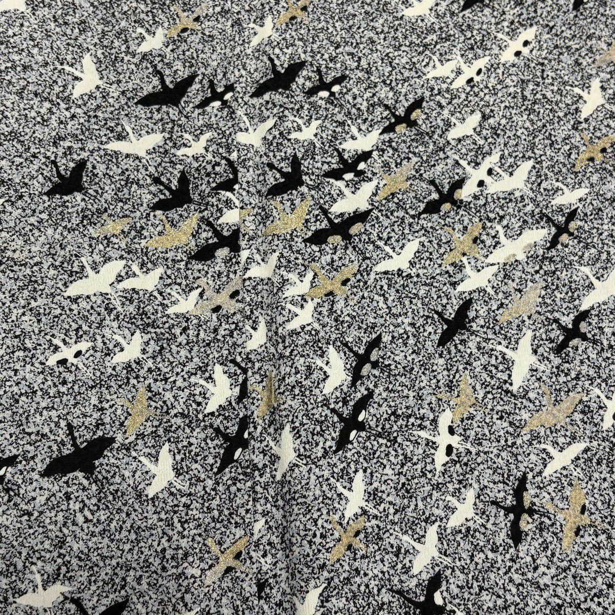 【美品】 付下 身長154.5cm 袖長61.5cm S 雙層 仙鶴 幾何圖案 金銀彩 黑灰 純蠶絲 優品級