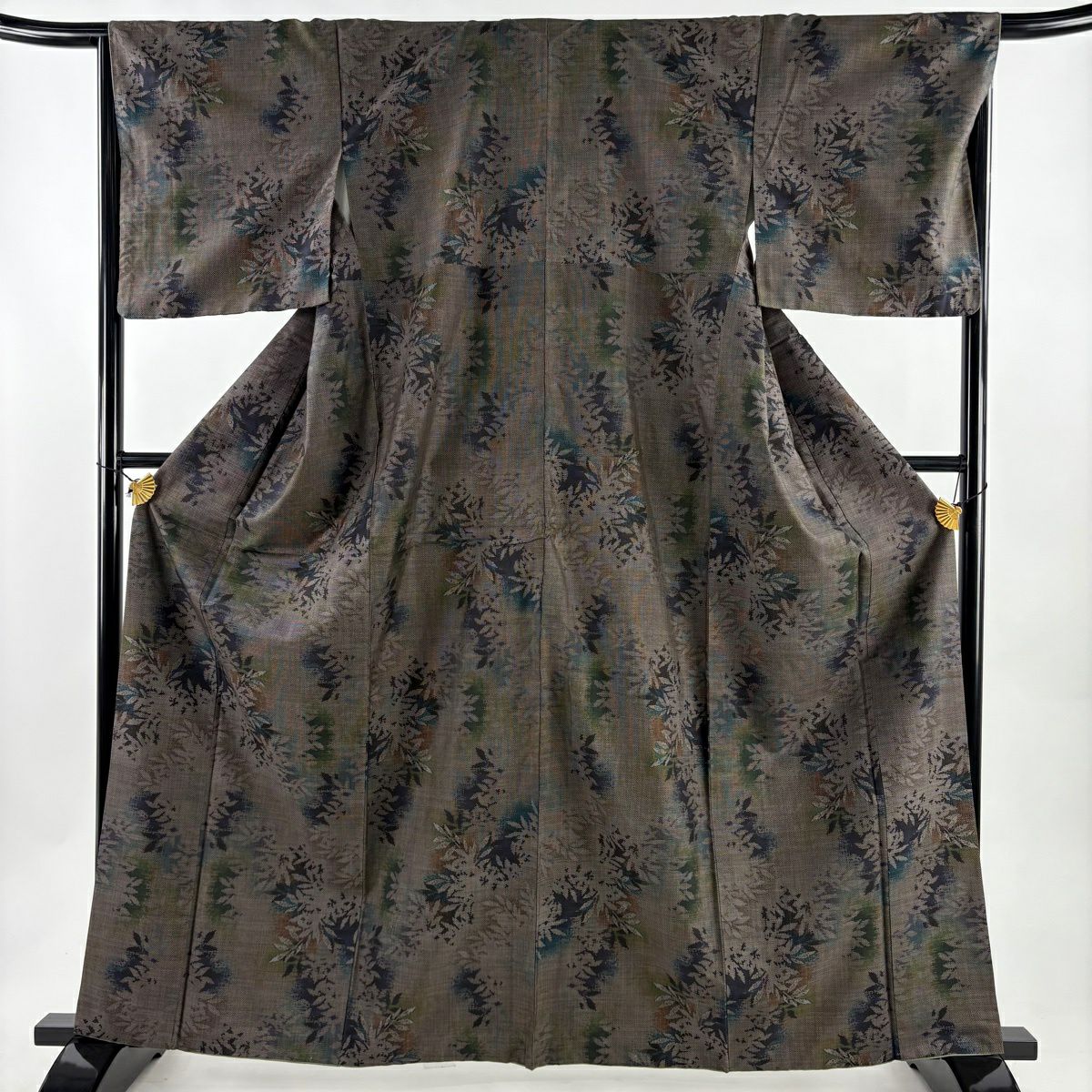 紬織 身長163cm 袖長66.5cm M 雙層 葉柄 輪廓 焦茶 純蠶絲 秀品級
