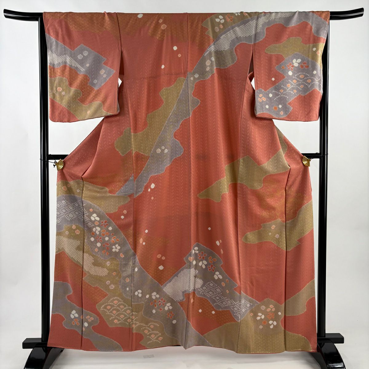 訪問服 身長161.5cm 袖長67cm M 雙層 花 七寶紋 絞染 金彩裝飾 鮭粉色 純蠶絲 秀品級
