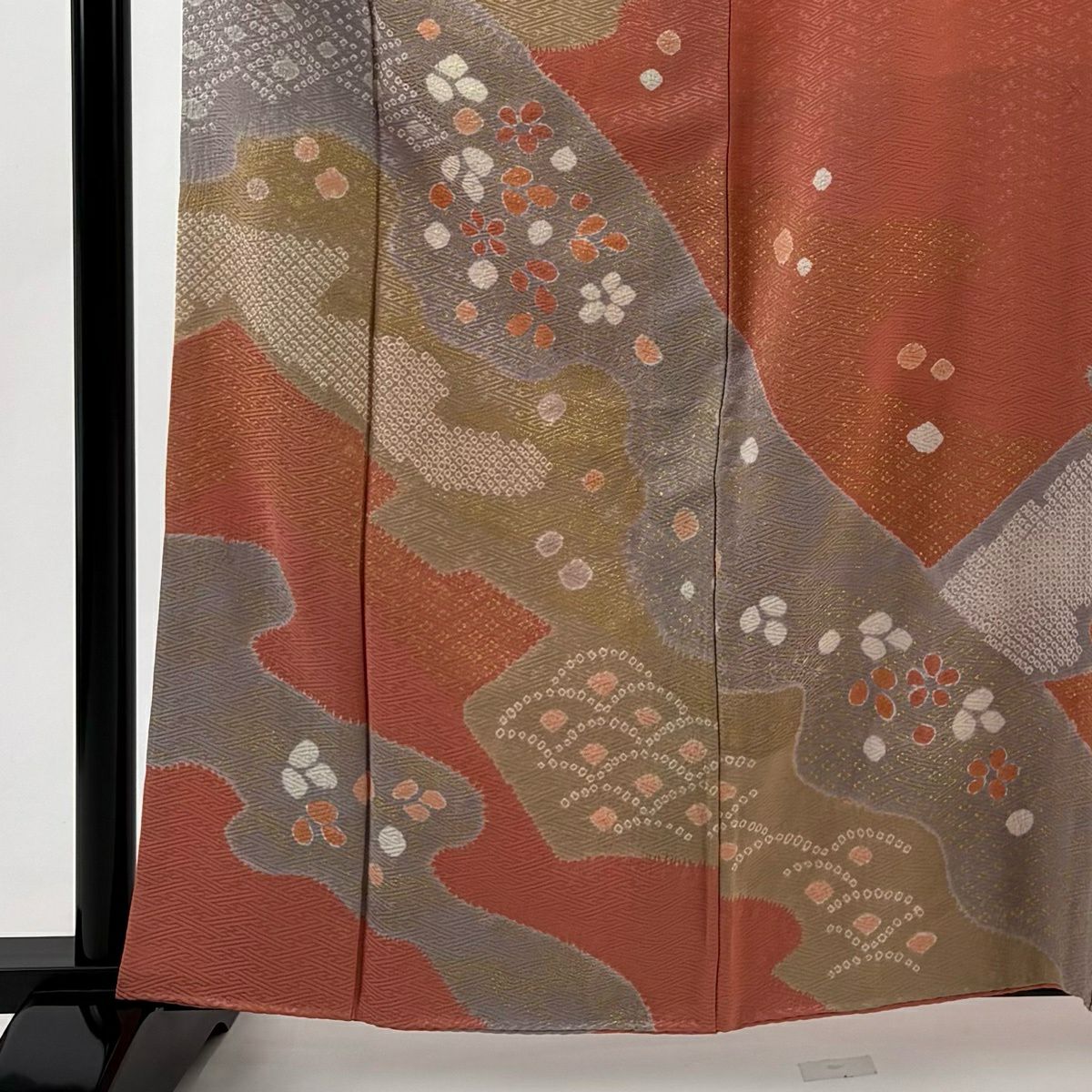 訪問服 身長161.5cm 袖長67cm M 雙層 花 七寶紋 絞染 金彩裝飾 鮭粉色 純蠶絲 秀品級