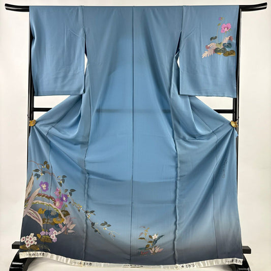 訪問服 身長176.5cm 袖長65cm 未仕立 二代目清次郎 假絵羽 落款あり 葉與實 草花紋紋 漸變 水藍 純蠶絲 優品級