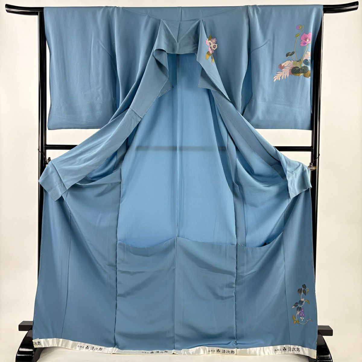 訪問服 身長176.5cm 袖長65cm 未仕立 二代目清次郎 假絵羽 落款あり 葉與實 草花紋紋 漸變 水藍 純蠶絲 優品級