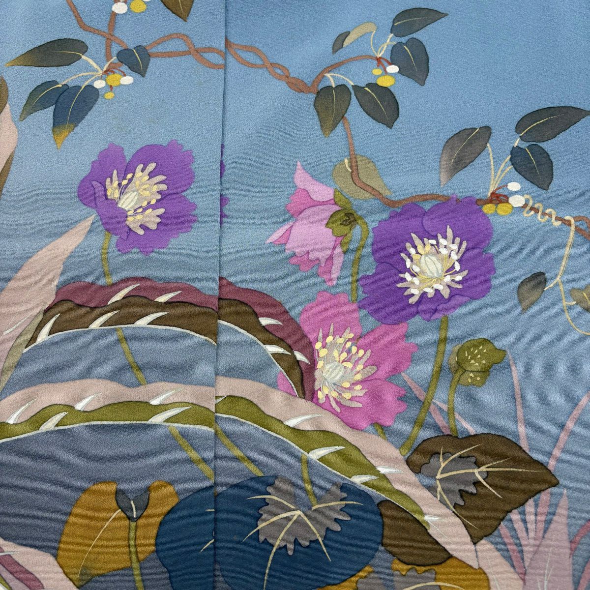 訪問服 身長176.5cm 袖長65cm 未仕立 二代目清次郎 假絵羽 落款あり 葉與實 草花紋紋 漸變 水藍 純蠶絲 優品級