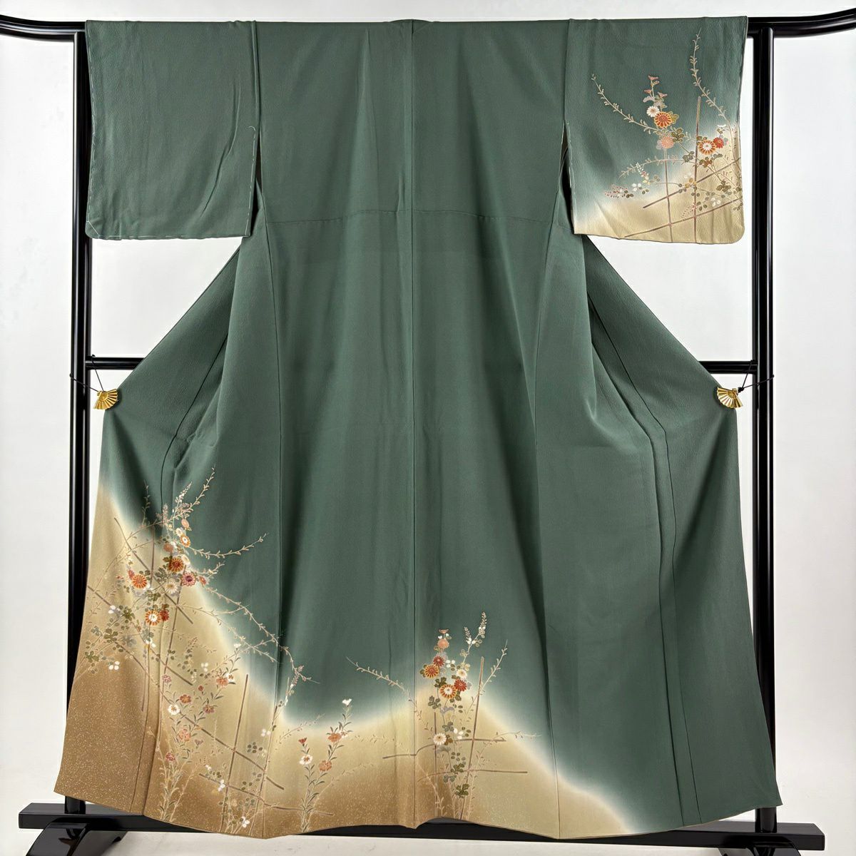 訪問服 身長157.5cm 袖長63cm S 雙層 草花紋紋 垣根 漸層 金彩裝飾 灰綠 純蠶絲 秀品級