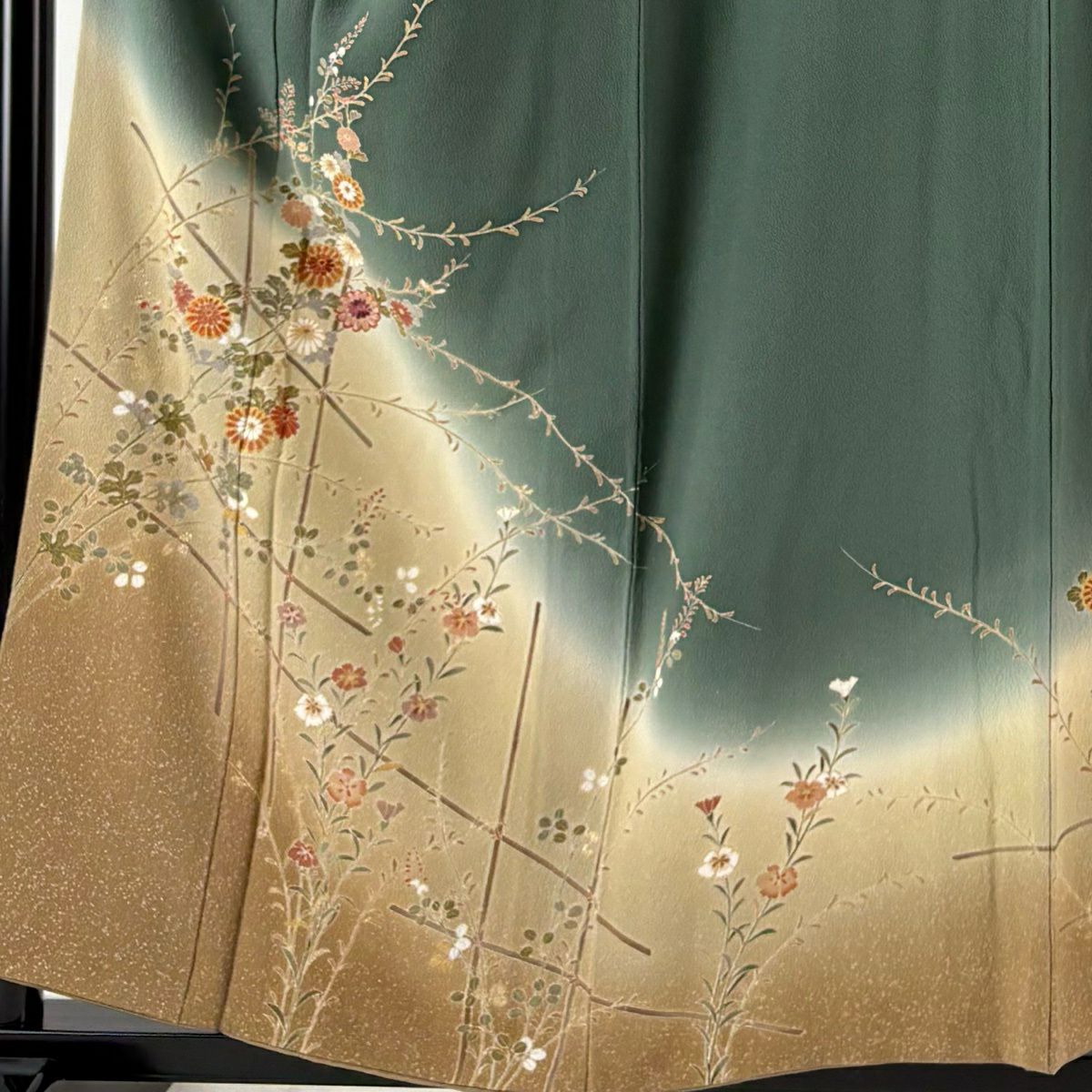 訪問服 身長157.5cm 袖長63cm S 雙層 草花紋紋 垣根 漸層 金彩裝飾 灰綠 純蠶絲 秀品級