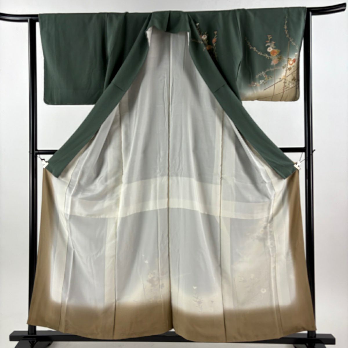 訪問服 身長157.5cm 袖長63cm S 雙層 草花紋紋 垣根 漸層 金彩裝飾 灰綠 純蠶絲 秀品級