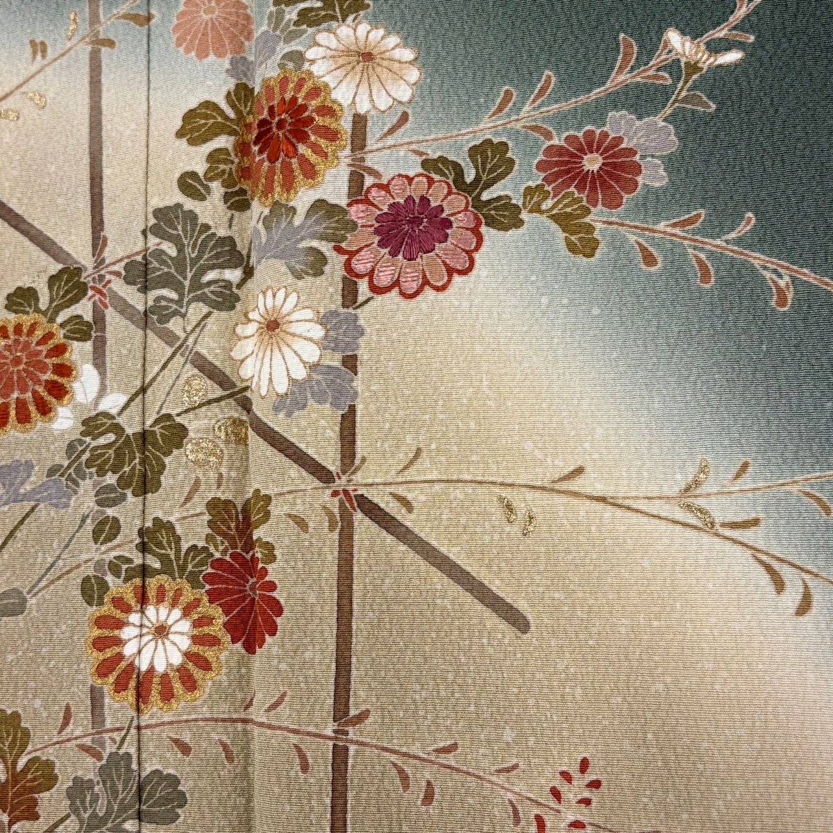 訪問服 身長157.5cm 袖長63cm S 雙層 草花紋紋 垣根 漸層 金彩裝飾 灰綠 純蠶絲 秀品級