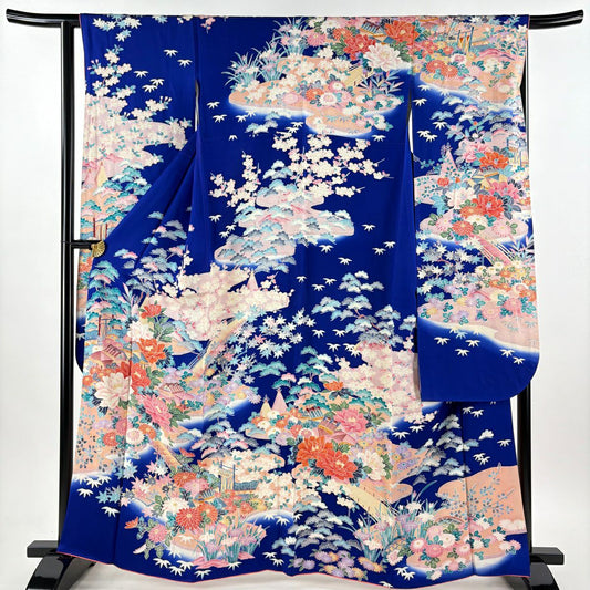 振袖禮服 身長163.5cm 袖長64cm M 雙層 草花紋紋 橋 漸層 深藍 純蠶絲 秀品級
