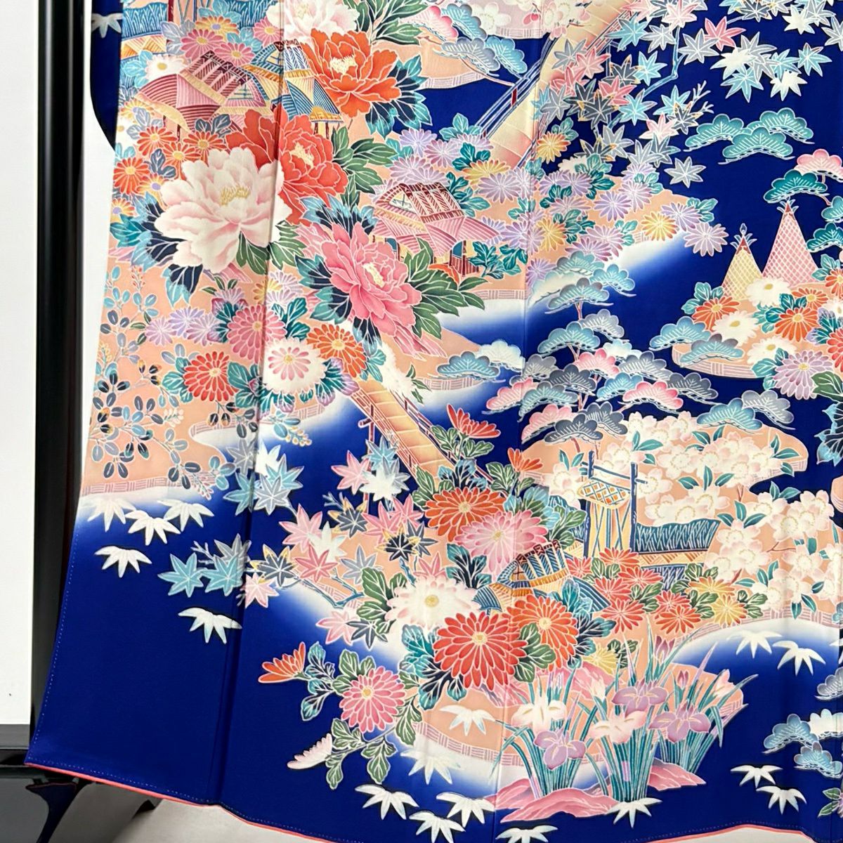振袖禮服 身長163.5cm 袖長64cm M 雙層 草花紋紋 橋 漸層 深藍 純蠶絲 秀品級