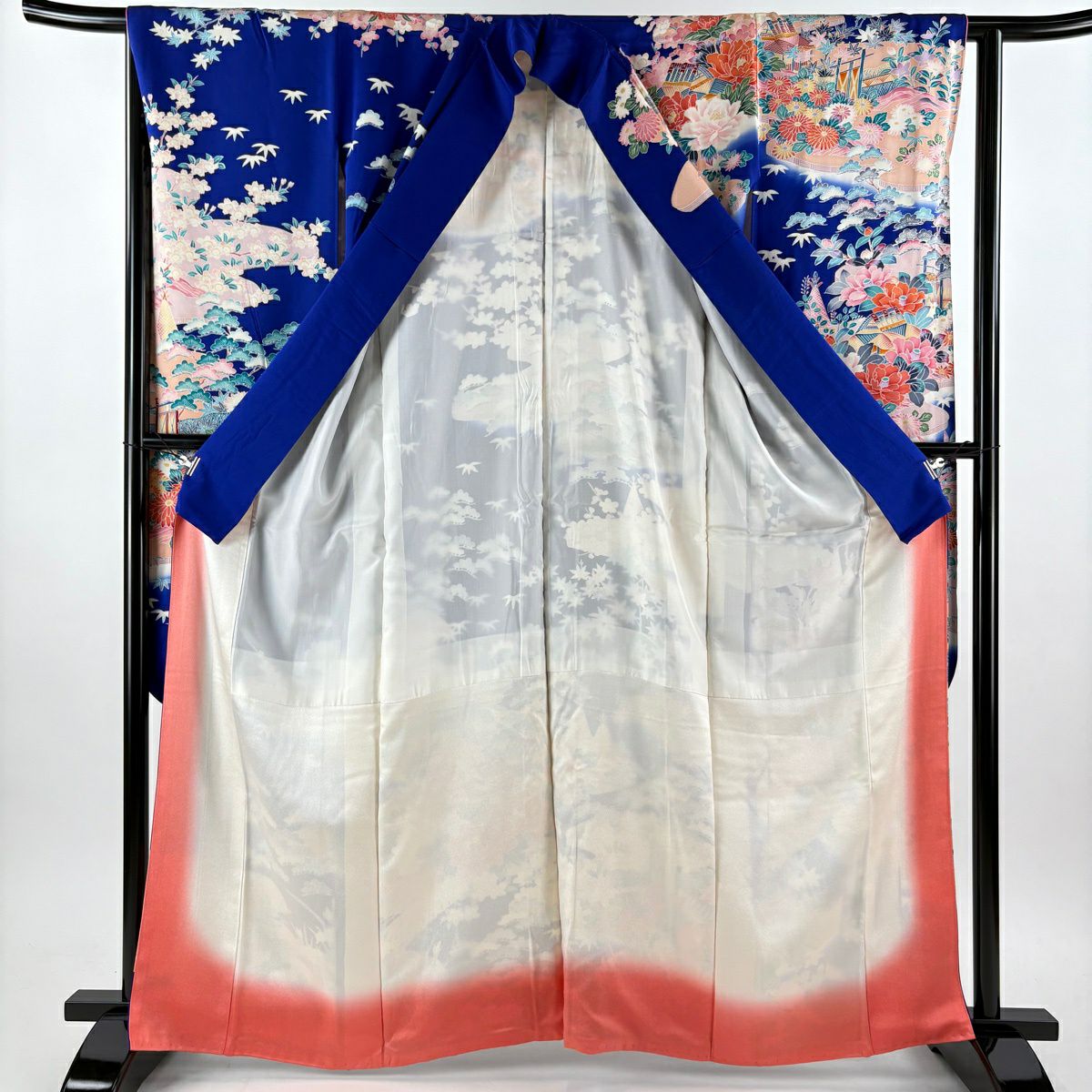 振袖禮服 身長163.5cm 袖長64cm M 雙層 草花紋紋 橋 漸層 深藍 純蠶絲 秀品級