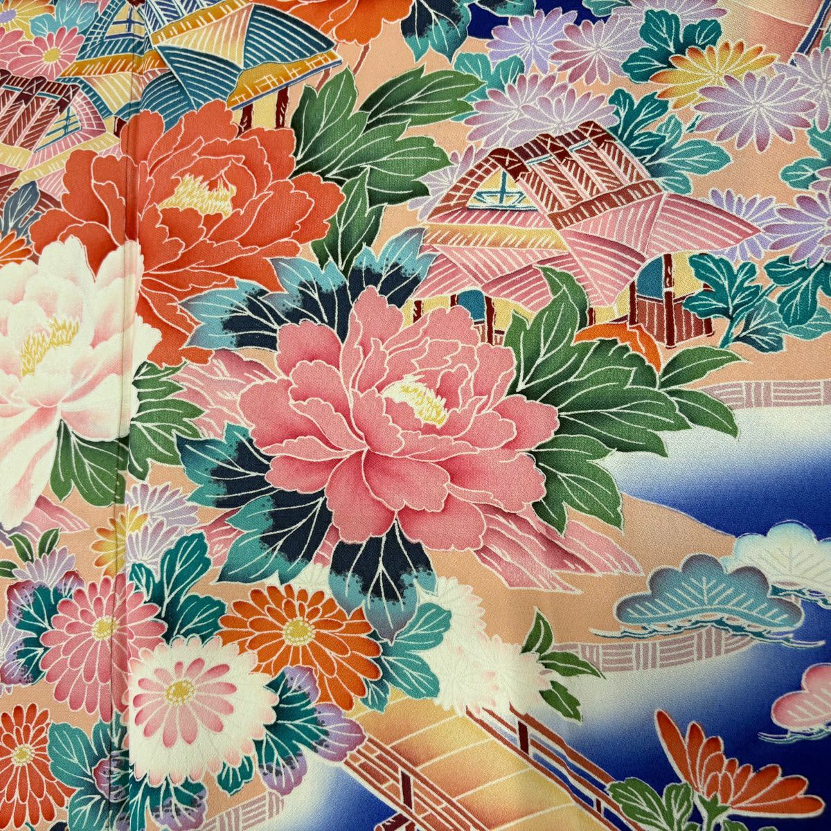 振袖禮服 身長163.5cm 袖長64cm M 雙層 草花紋紋 橋 漸層 深藍 純蠶絲 秀品級