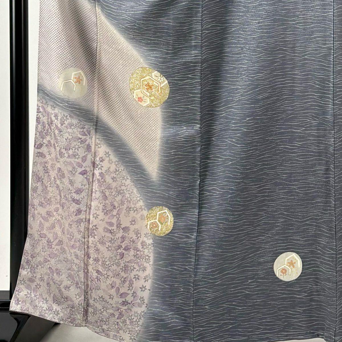 付下 身長164cm 袖長65.5cm M 雙層 龜甲 草花紋紋 金絲 金銀彩 灰色 純蠶絲 優品級