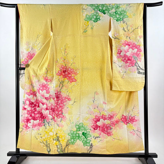 振袖禮服 身長156cm 袖長64cm M 雙層 枝花 地紋 漸層 黃色 純蠶絲 優品級