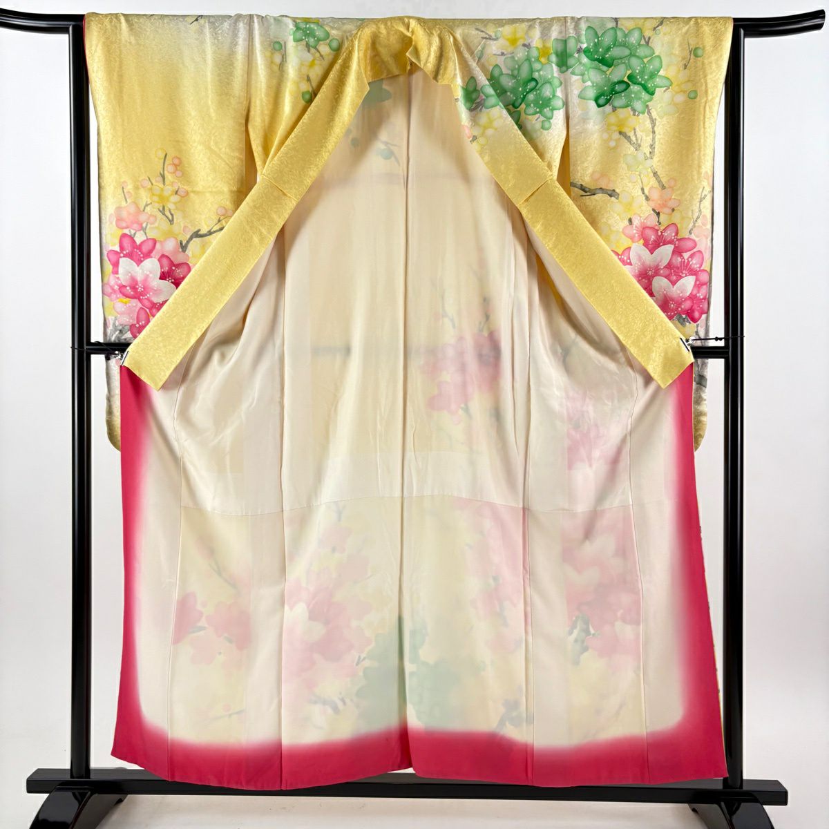 振袖禮服 身長156cm 袖長64cm M 雙層 枝花 地紋 漸層 黃色 純蠶絲 優品級