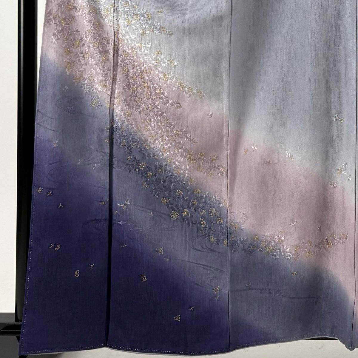 【美品】訪問服 身長161cm 袖長64.5cm M 雙層 菊花 流水 金糸 刺繡 青灰 純蠶絲 秀品級