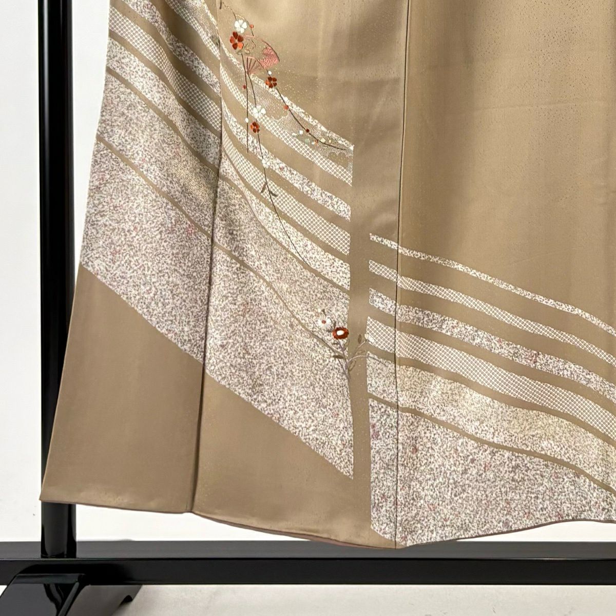 付下 身長153.5cm 袖長63cm S 雙層 扇子 草花紋紋 刺繡 金銀彩 淡茶 純蠶絲 優品級