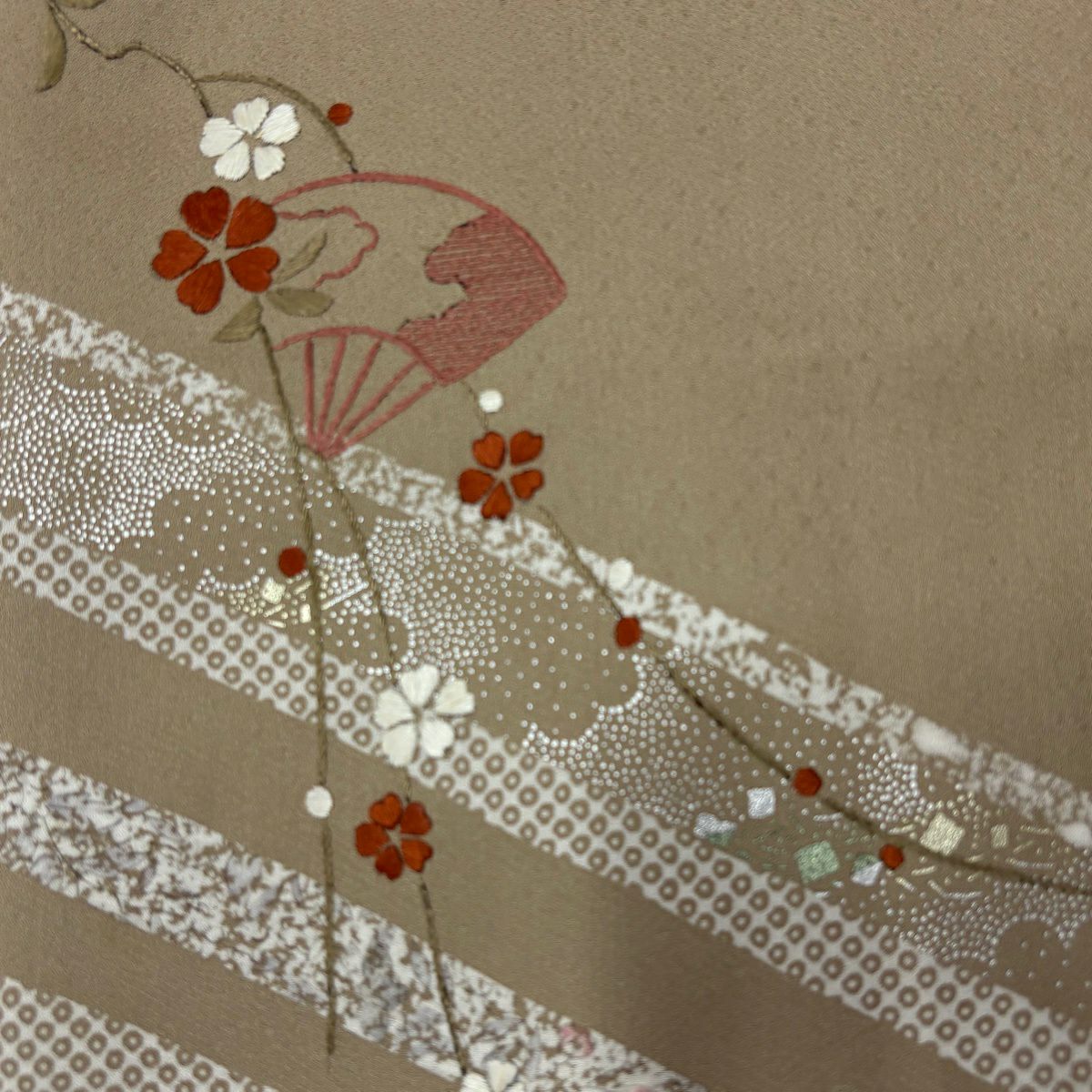 付下 身長153.5cm 袖長63cm S 雙層 扇子 草花紋紋 刺繡 金銀彩 淡茶 純蠶絲 優品級