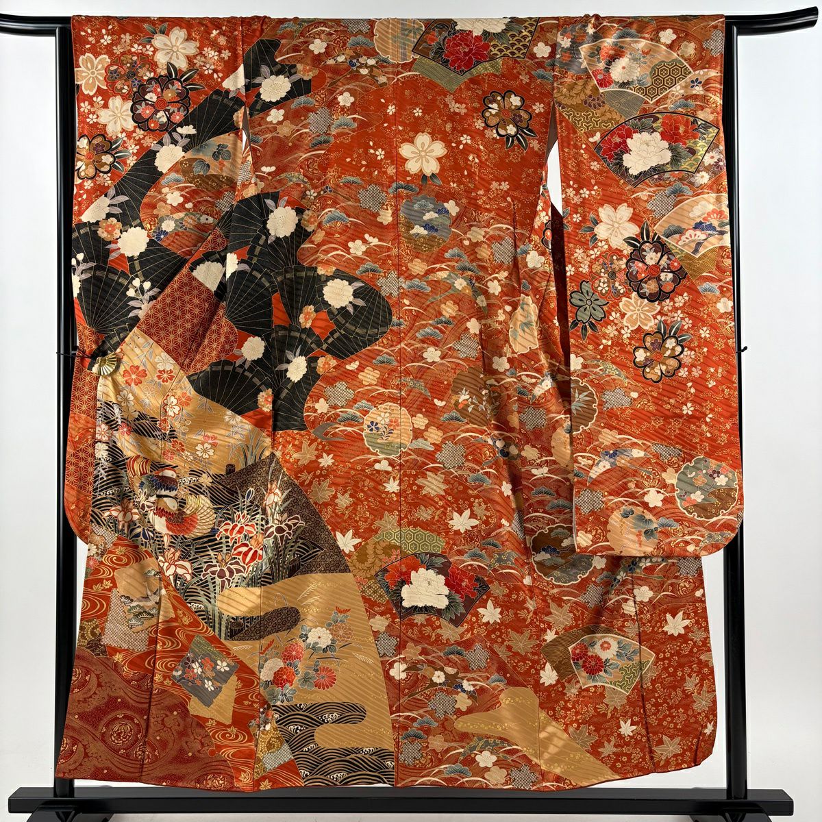 【美品】振袖禮服 身長154cm 袖長65.5cm M 雙層 落款あり 鴛鴦 草花紋紋 金絲 金銀彩 紅茶 純蠶絲 秀品級