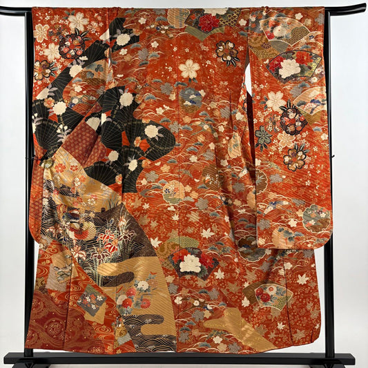 【美品】振袖禮服 身長154cm 袖長65.5cm M 雙層 落款あり 鴛鴦 草花紋紋 金絲 金銀彩 紅茶 純蠶絲 秀品級