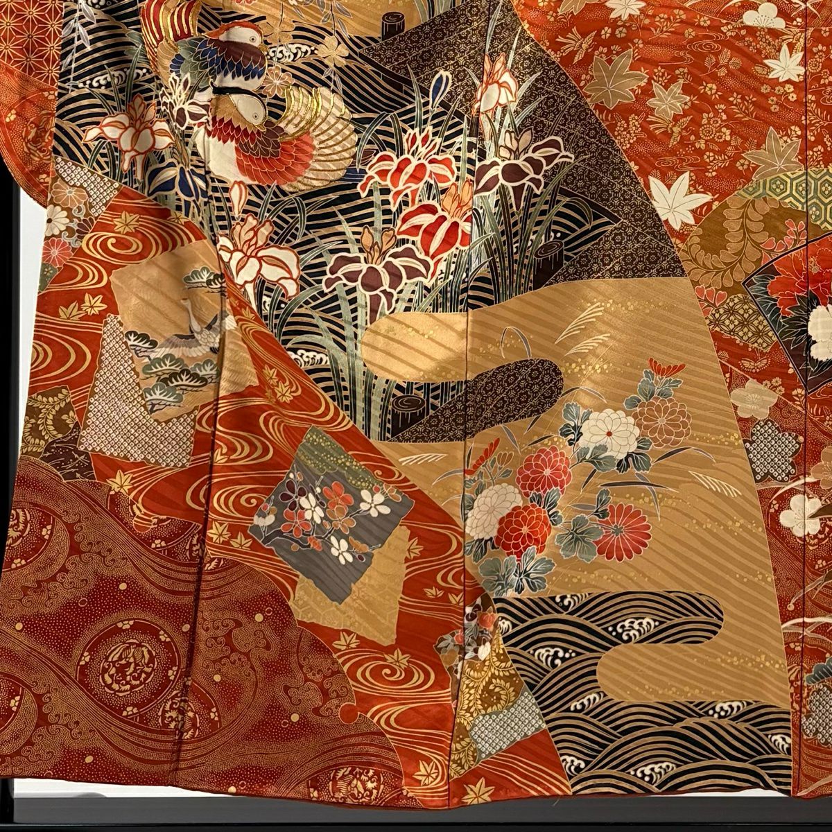 【美品】振袖禮服 身長154cm 袖長65.5cm M 雙層 落款あり 鴛鴦 草花紋紋 金絲 金銀彩 紅茶 純蠶絲 秀品級