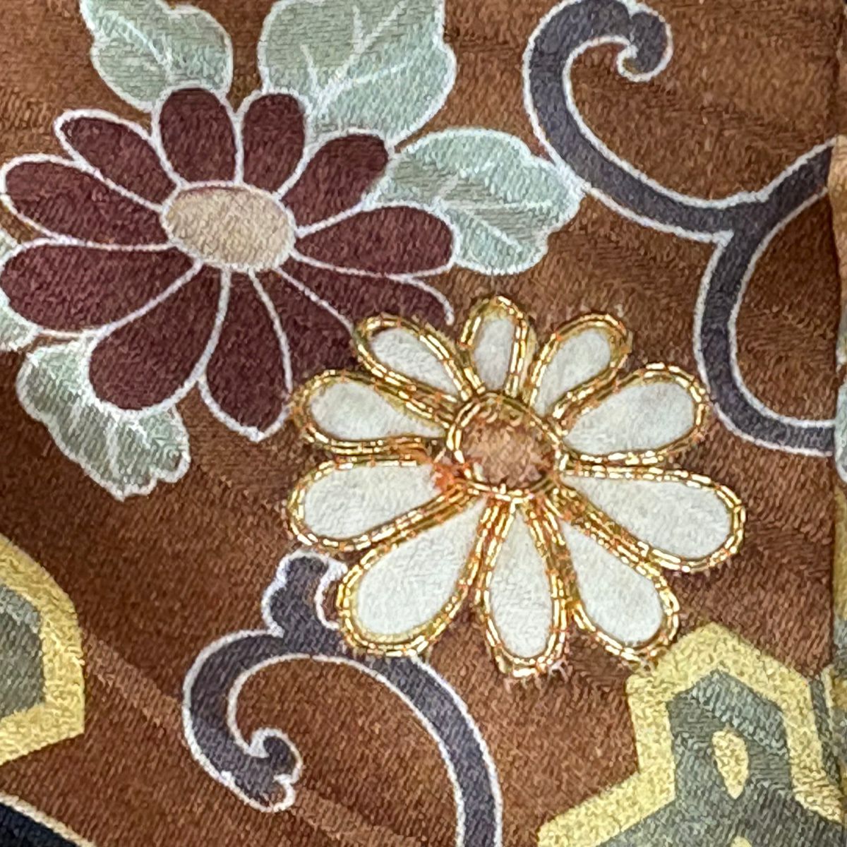 【美品】振袖禮服 身長154cm 袖長65.5cm M 雙層 落款あり 鴛鴦 草花紋紋 金絲 金銀彩 紅茶 純蠶絲 秀品級