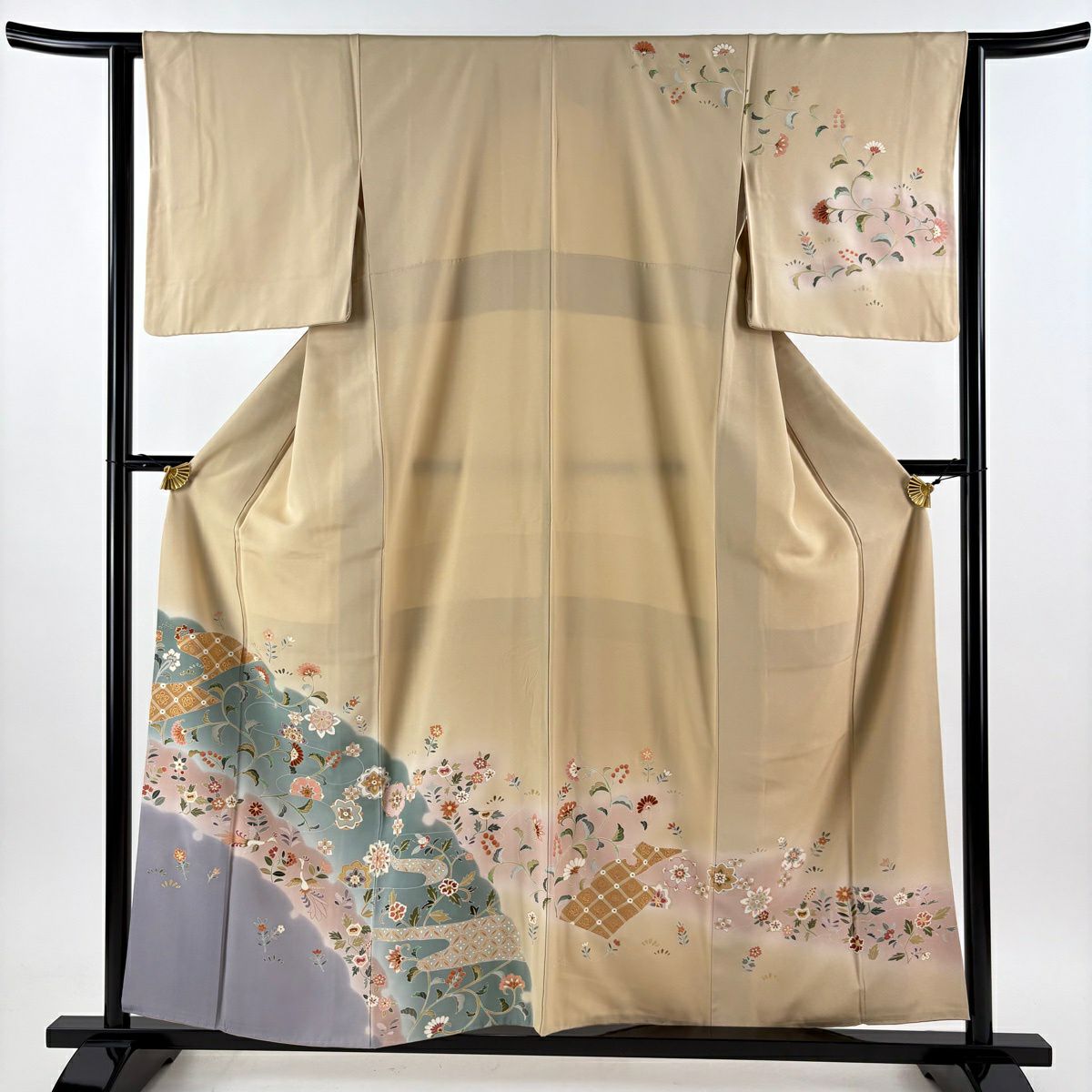 【美品】訪問服 身長157cm 袖長63cm S 雙層 草花紋紋 鳥 金銀彩 漸層 米色 純蠶絲 優品級