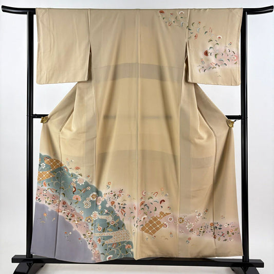 【美品】訪問服 身長157cm 袖長63cm S 雙層 草花紋紋 鳥 金銀彩 漸層 米色 純蠶絲 優品級