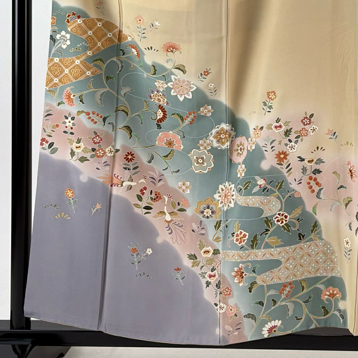 【美品】訪問服 身長157cm 袖長63cm S 雙層 草花紋紋 鳥 金銀彩 漸層 米色 純蠶絲 優品級