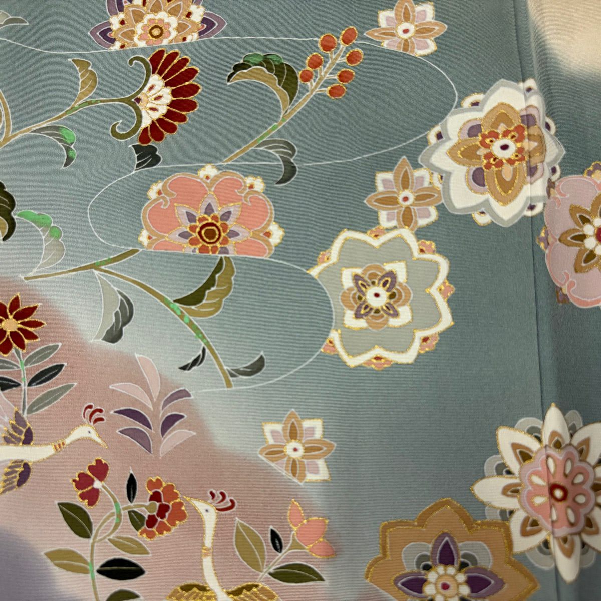 【美品】訪問服 身長157cm 袖長63cm S 雙層 草花紋紋 鳥 金銀彩 漸層 米色 純蠶絲 優品級