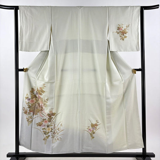 【美品】 付下 身長154.5cm 袖長62cm S 雙層 御所車 草花紋刺繡 金彩裝飾 淺綠 純蠶絲 秀品級
