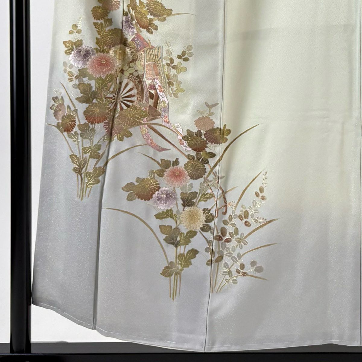 【美品】 付下 身長154.5cm 袖長62cm S 雙層 御所車 草花紋刺繡 金彩裝飾 淺綠 純蠶絲 秀品級