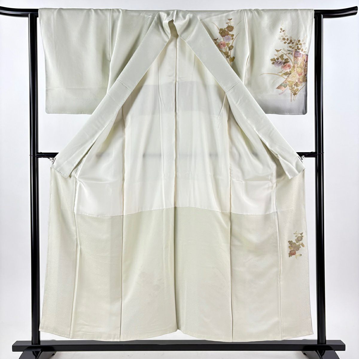 【美品】 付下 身長154.5cm 袖長62cm S 雙層 御所車 草花紋刺繡 金彩裝飾 淺綠 純蠶絲 秀品級