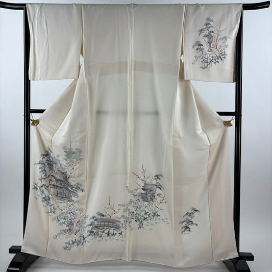 【美品】 付下 身長163cm 袖長66cm M 雙層 建物 松樹竹子梅花 漸層 奶油色 純蠶絲 優品級