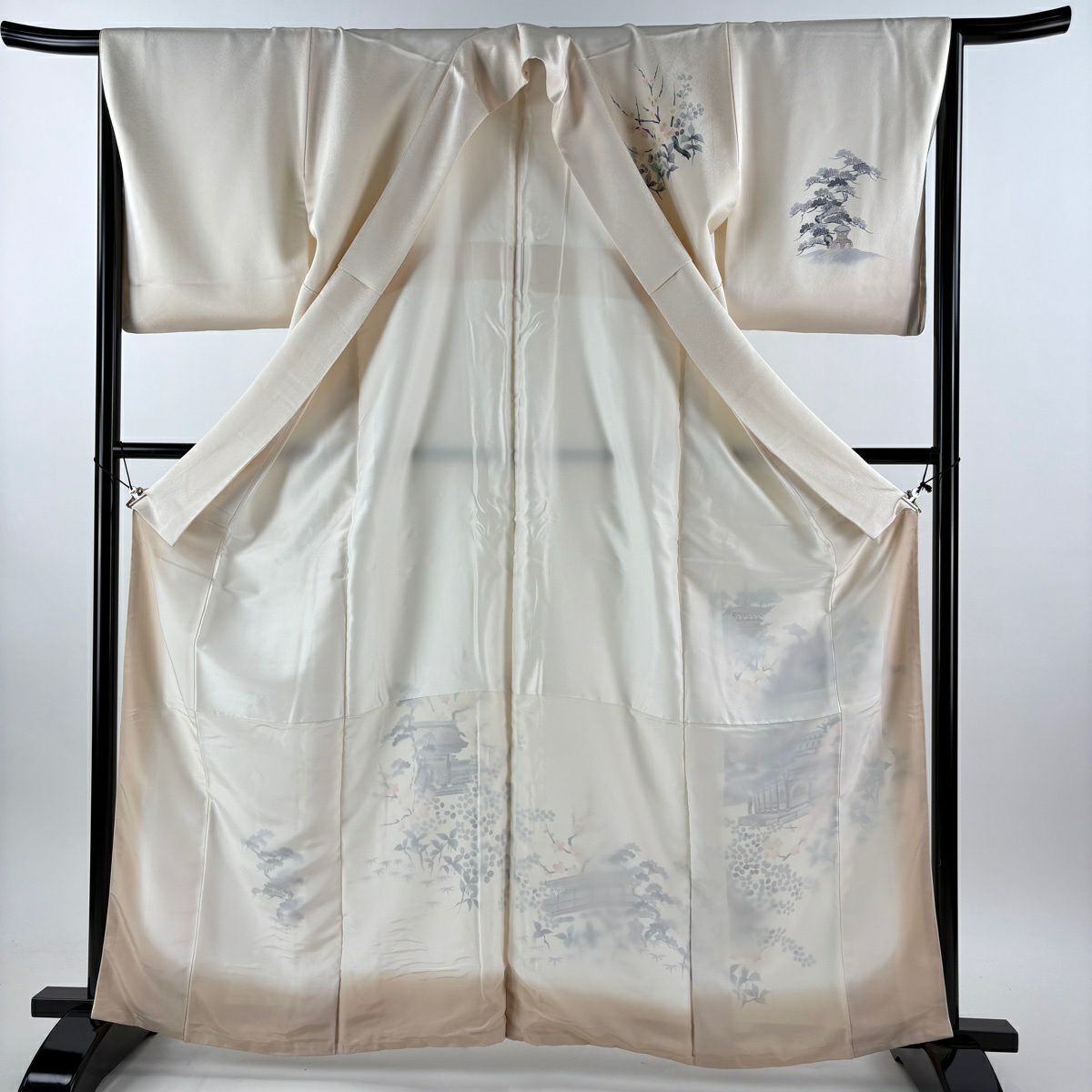 【美品】 付下 身長163cm 袖長66cm M 雙層 建物 松樹竹子梅花 漸層 奶油色 純蠶絲 優品級