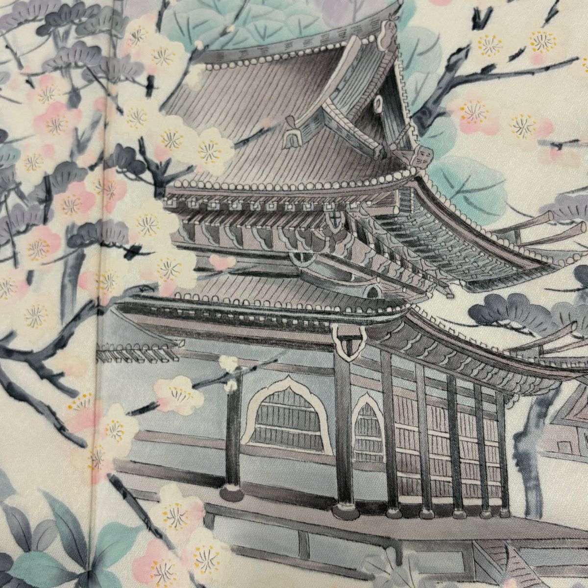 【美品】 付下 身長163cm 袖長66cm M 雙層 建物 松樹竹子梅花 漸層 奶油色 純蠶絲 優品級