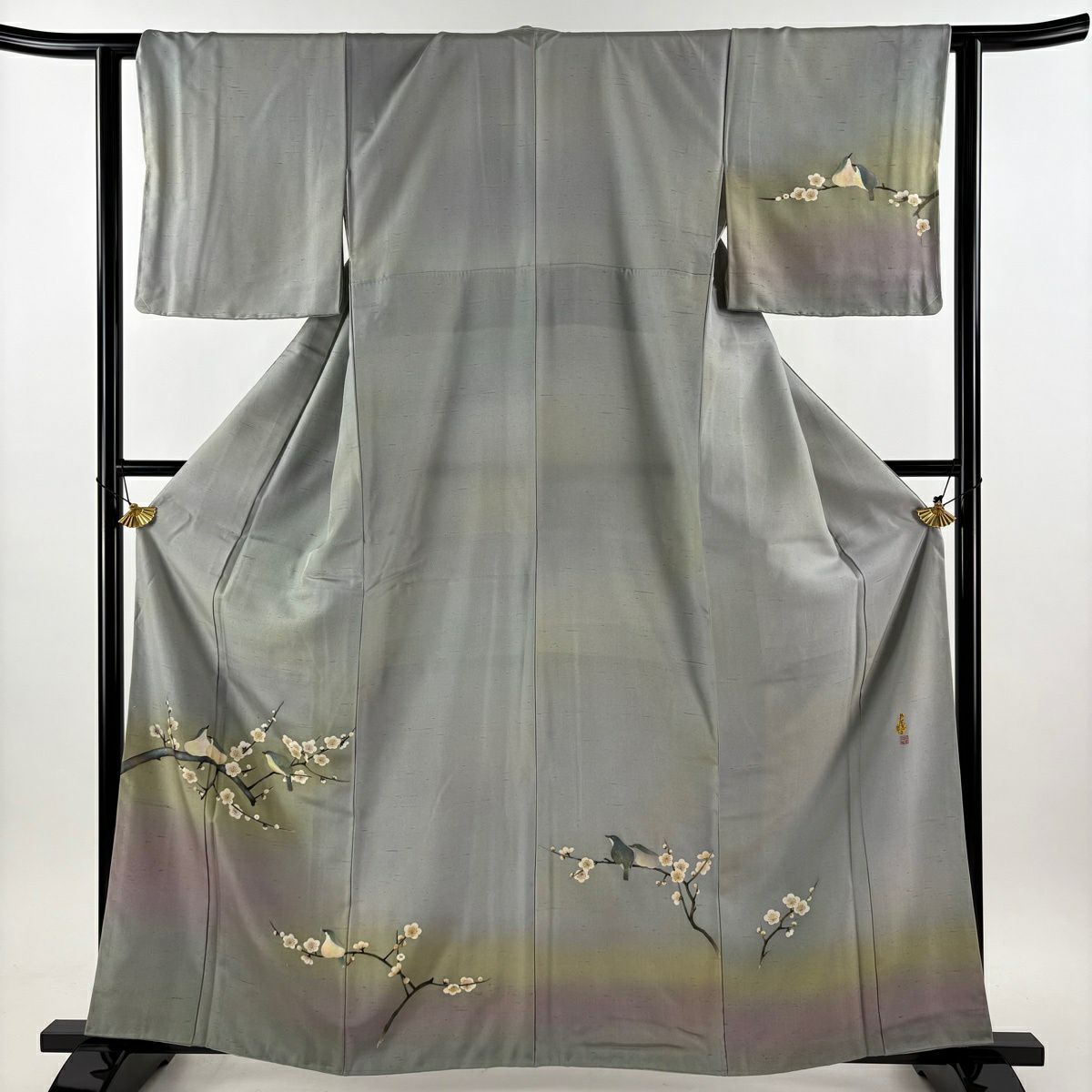 【美品】 付下 身長160.5cm 袖長62.5cm S 雙層 紬織織 落款あり 枝梅花 鳥 漸層 青灰 純蠶絲 秀品級