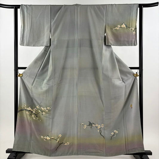 【美品】 付下 身長160.5cm 袖長62.5cm S 雙層 紬織織 落款あり 枝梅花 鳥 漸層 青灰 純蠶絲 秀品級