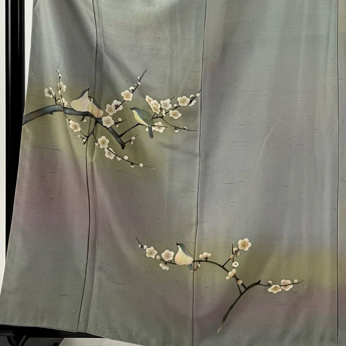 【美品】 付下 身長160.5cm 袖長62.5cm S 雙層 紬織織 落款あり 枝梅花 鳥 漸層 青灰 純蠶絲 秀品級