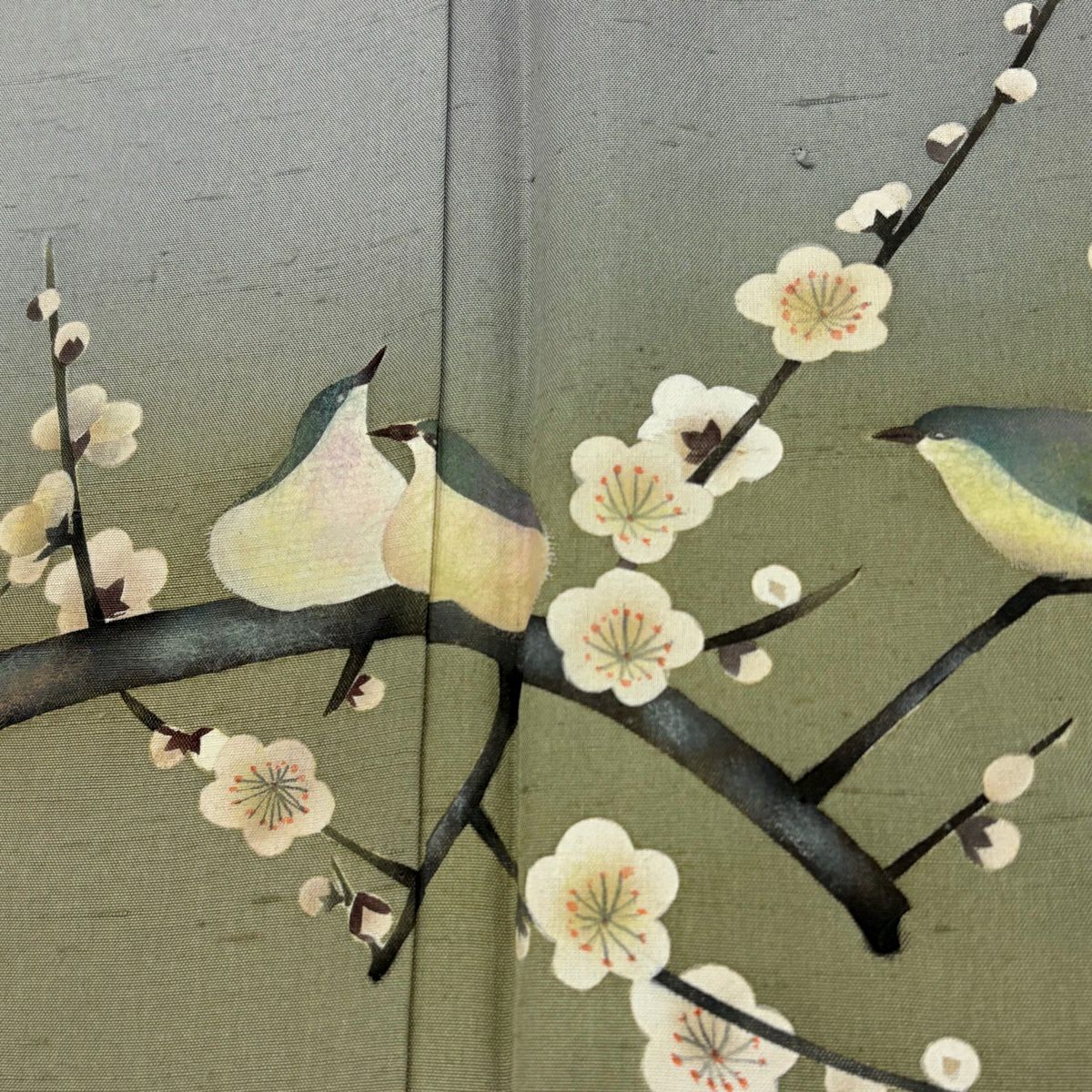 【美品】 付下 身長160.5cm 袖長62.5cm S 雙層 紬織織 落款あり 枝梅花 鳥 漸層 青灰 純蠶絲 秀品級