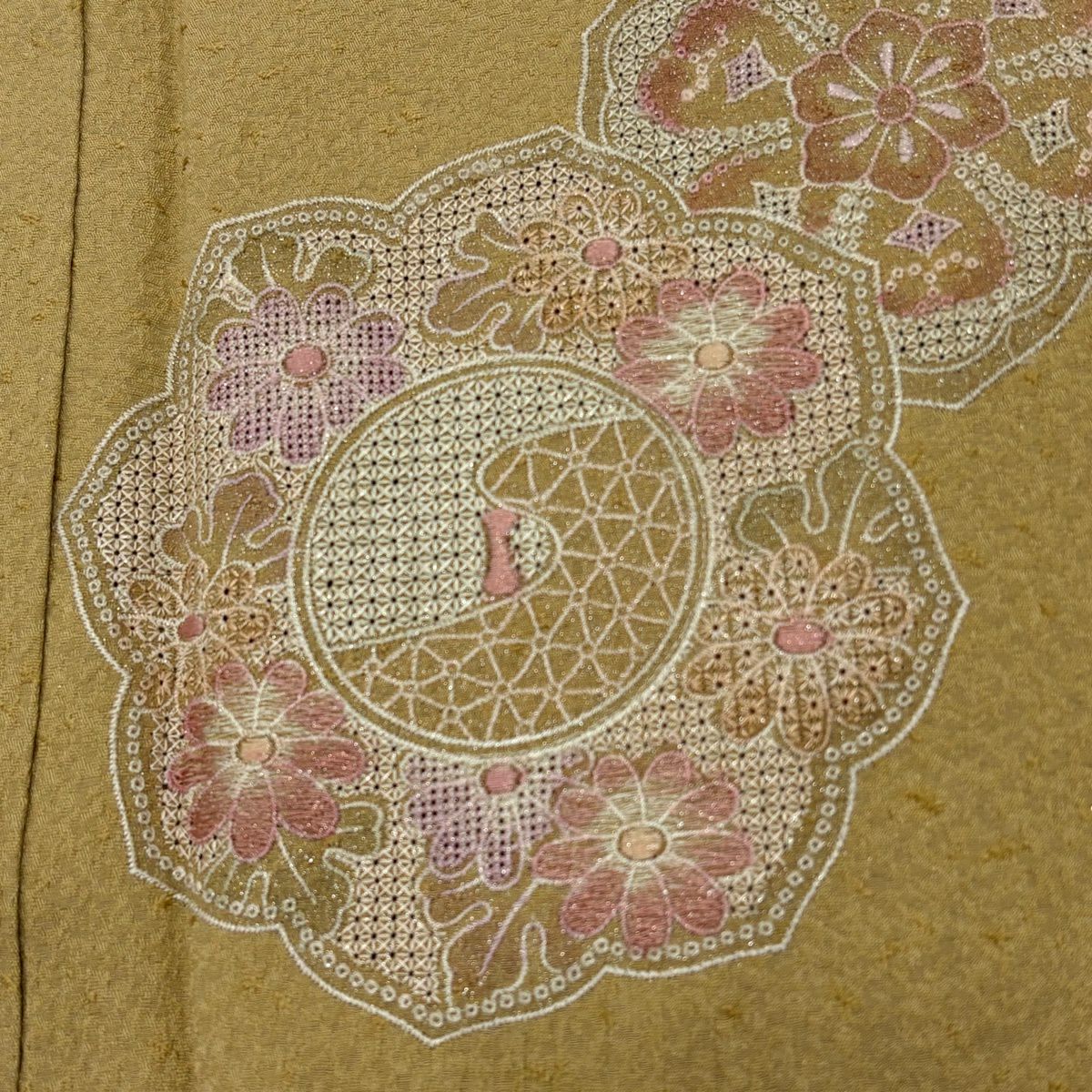 付下 身長151.5cm 袖長62.5cm S 雙層 華紋 鏡裏文 刺繡 金金箔 淺茶 純蠶絲 秀品級