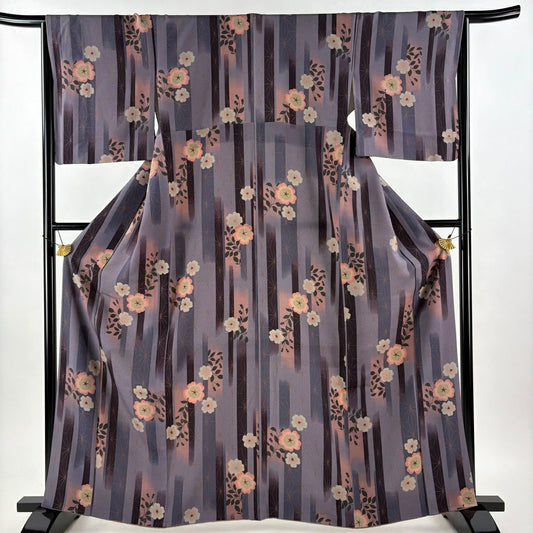 【美品】 小紋 身長163cm 袖長65.5cm M 雙層 樱花 麻葉 漸層 灰紫 純蠶絲 優品級