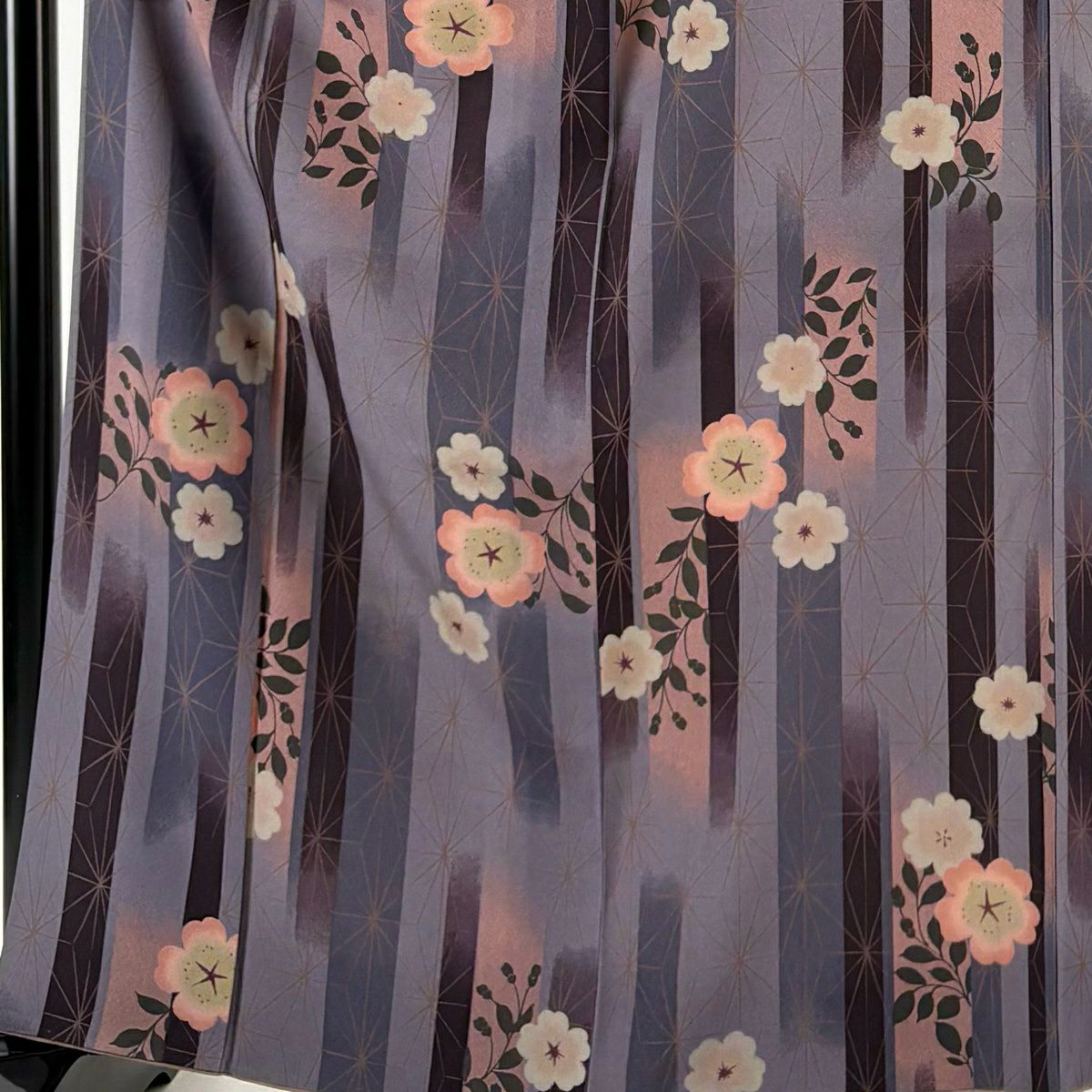 【美品】 小紋 身長163cm 袖長65.5cm M 雙層 樱花 麻葉 漸層 灰紫 純蠶絲 優品級