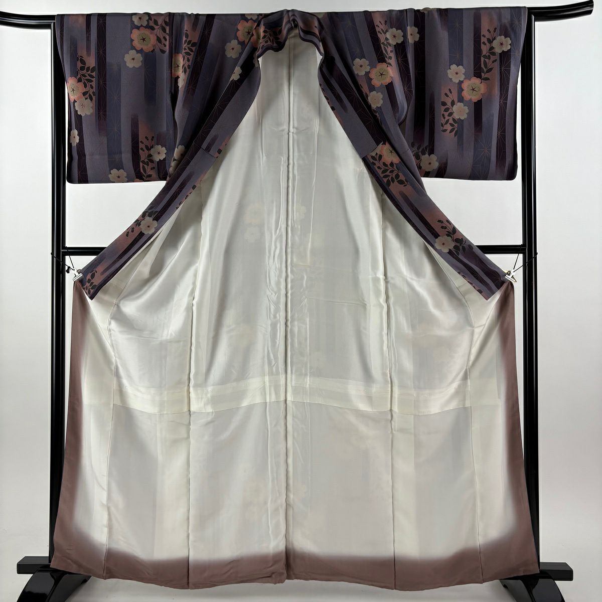 【美品】 小紋 身長163cm 袖長65.5cm M 雙層 樱花 麻葉 漸層 灰紫 純蠶絲 優品級